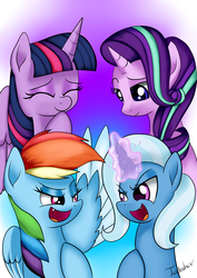 Size: 2480x3507 | Tagged: safe, artist:twidasher, rainbow dash, starlight glimmer, trixie, twilight sparkle, alicorn, pegasus, pony, unicorn, g4, counterparts, fangs, female, glowing horn, high res, horn, lesbian, ship:startrix, ship:twidash, shipping, smiling, twilight sparkle (alicorn), twilight's counterparts