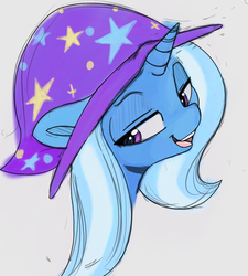Size: 810x901 | Tagged: safe, artist:tre, trixie, pony, unicorn, bust, clothes, female, hat, looking at you, mare, simple background, smiling, solo, trixie's hat, white background