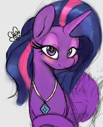 Size: 478x589 | Tagged: safe, artist:tre, twilight sparkle, pony, unicorn, g4, alternate hairstyle, blushing, cutie mark necklace, female, jewelry, looking at you, makeup, mare, necklace, simple background, solo focus, unicorn twilight, white background