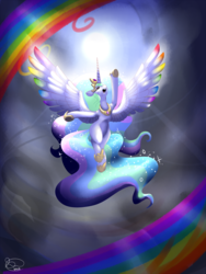 Size: 1000x1333 | Tagged: safe, artist:mimkage, princess celestia, alicorn, pony, g4, colored wings, female, mare, multicolored wings, open mouth, rainbow, solo