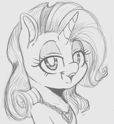 Size: 622x679 | Tagged: safe, artist:tre, rarity, pony, unicorn, g4, female, grayscale, jewelry, looking at you, mare, monochrome, necklace, simple background, solo, white background