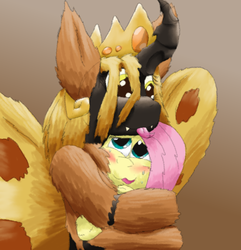 Size: 1771x1840 | Tagged: safe, artist:firefanatic, fluttershy, oc, oc:queen cocoon, changeling, moth, mothling, mothpony, original species, g4, :p, blushing, cute, fluffy, holeless, hug, silly, sweat, tongue out, yellow changeling