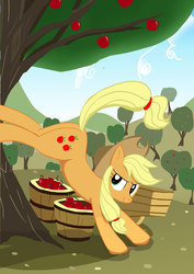 Size: 1768x2496 | Tagged: safe, artist:neoshrek, applejack, earth pony, pony, g4, apple, apple tree, applebucking, applebutt, basket, butt, female, food, plot, solo, tree