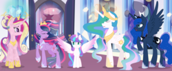 Size: 5921x2439 | Tagged: safe, artist:annajewel, princess cadance, princess celestia, princess flurry heart, princess luna, twilight sparkle, alicorn, pony, g4, alicorn pentarchy, crown, older, older flurry heart, regalia, twilight sparkle (alicorn), ultimate twilight, you'll play your part