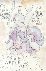 Size: 692x1070 | Tagged: safe, artist:slightlyshade, starlight glimmer, trixie, pony, unicorn, g4, dialogue, duo, duo female, eyes closed, female, mare, open mouth, ponies riding ponies, riding, speech bubble, starlight glimmer is not amused, traditional art, trixie riding starlight glimmer, unamused, underhoof, watercolor painting