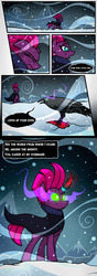 Size: 1240x3508 | Tagged: safe, artist:rambopvp, tempest shadow, bird, crow, pony, unicorn, g4, my little pony: the movie, bad end, cape, cloak, clothes, colored horn, colored pupils, comic, curved horn, dark magic, disembodied horn, eye scar, female, frown, glare, glowing eyes, glowing horn, her body has been possessed by sombra, horn, implied king sombra, lidded eyes, looking down, magic, mare, open up your eyes, possessed, possession, sad, scar, severed horn, snow, snowfall, sombra eyes, sombra's horn, speech bubble, tempest gets her horn back, tempest with sombra's horn, wide eyes, wind