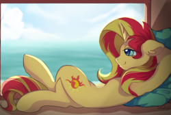 Size: 1492x1000 | Tagged: safe, artist:whiskyice, sunset shimmer, pony, unicorn, g4, crossed legs, female, floppy ears, mare, pillow, relaxing, smiling, solo, window