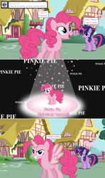 Size: 1280x2168 | Tagged: safe, artist:hakunohamikage, pinkie pie, twilight sparkle, alicorn, pony, ask-princesssparkle, g4, alternate hairstyle, ask, digimon, digivolution, duo, fake alicorn, fake horn, fake wings, female, fourth wall, mare, misspelling, pinkiecorn, punklight sparkle, tumblr, twilight sparkle (alicorn), twilight sparkle is not amused, unamused, xk-class end-of-the-world scenario