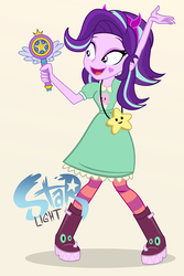 Size: 734x1100 | Tagged: safe, artist:pixelkitties, starlight glimmer, equestria girls, g4, clothes, cosplay, costume, crossover, cute, disney, female, glimmerbetes, simple background, smiling, solo, star butterfly, star light, star vs the forces of evil, text, wand