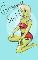 Size: 1440x2300 | Tagged: safe, artist:kittytitikitty, granny smith, human, g4, clothes, cutie mark on human, female, humanized, lingerie, milf, pinup, pony coloring, text, underwear, young granny smith, younger