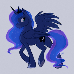 Size: 700x700 | Tagged: safe, artist:rollingrabbit, princess luna, alicorn, pony, g4, cutie mark, female, jewelry, looking back, mare, one wing out, regalia, simple background, solo, walking