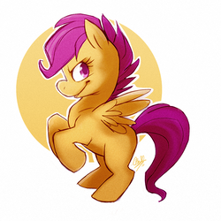 Size: 600x600 | Tagged: safe, artist:rollingrabbit, scootaloo, pegasus, pony, g4, blank flank, female, filly, looking at you, raised hoof, rearing, simple background, smiling, solo, spread wings, wings