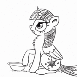Size: 540x540 | Tagged: safe, artist:el-yeguero, twilight sparkle, alicorn, pony, animated, behaving like a cat, bowl, chest fluff, cute, female, frown, glare, grayscale, grumpy, looking up, mare, monochrome, raised hoof, simple background, sitting, solo, sound, twiabetes, twilight sparkle (alicorn), unamused, webm, white background