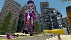 Size: 2000x1125 | Tagged: safe, artist:jeroen01, aria blaze, sonata dusk, twilight sparkle, equestria girls, g4, 3d, attack on twi-tan, boots, bus, car, city, clothes, destruction, female, fire hydrant, giantess, high heel boots, macro, self ponidox, shirt, shoes, skirt, twilight sparkle (alicorn)