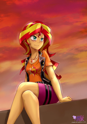 Size: 1200x1696 | Tagged: safe, artist:iloota, sunset shimmer, equestria girls, equestria girls series, beautiful, clothes, crossed legs, cute, female, sitting, smiling, solo