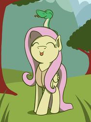 Size: 1350x1800 | Tagged: safe, artist:flutterluv, fluttershy, rupert, pegasus, pony, snake, g4, winter wrap up, animal team, clothes, cute, eyes closed, female, happy, mare, shyabetes, sitting on head, smiling, solo, tongue out, tree, vest, winter wrap up vest