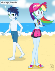 Size: 595x766 | Tagged: safe, artist:ilaria122, artist:selenaede, rainbow dash, soarin', equestria girls, equestria girls series, g4, beach, belly button, blushing, cap, clothes, couple, crossed arms, dialogue, equestria girls-ified, feet, female, flip-flops, geode of super speed, hat, legs, male, midriff, sandals, ship:soarindash, shipping, simple background, smiling, smirk, straight, swimsuit