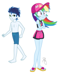 Size: 606x768 | Tagged: safe, artist:ilaria122, artist:selenaede, rainbow dash, soarin', equestria girls, g4, my little pony equestria girls: better together, belly button, blushing, cap, clothes, couple, crossed arms, equestria girls-ified, feet, female, flip-flops, geode of super speed, hat, legs, male, midriff, sandals, ship:soarindash, shipping, simple background, straight, swimsuit, transparent background