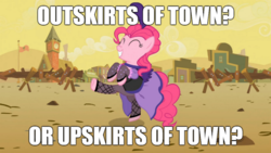 Size: 977x550 | Tagged: safe, edit, edited screencap, screencap, pinkie pie, earth pony, pony, g4, over a barrel, bipedal, caption, clothes, dancing, female, fishnet stockings, image macro, mare, meme, saloon dress, saloon pinkie, skirt, solo, upskirt
