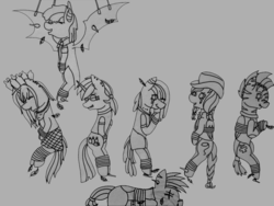Size: 2665x2000 | Tagged: safe, artist:calibykitty, oc, oc only, oc:blue bella, oc:cactus jackie, oc:hard rook, oc:jiā kē (nightshade), oc:may-bowl, oc:myra, oc:uisge-beatha, bat pony, earth pony, hybrid, pegasus, pony, unicorn, zebra, zebrasus, fallout equestria, armor, bondage, bottle, bottlecap, brush, clothes, cowboy hat, crying, ear piercing, earring, eye scar, eyes closed, fallout, feather, female, fetish, freckles, front hoof tickling, glasses, hat, high res, hoof fetish, hoof tickling, jewelry, laughing, lineart, mare, necklace, one eye closed, open mouth, piercing, rope, rope bondage, scar, sketch, skirt, suspended, tattoo, tears of laughter, tickle torture, tickling, zebra oc