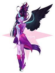 Size: 1500x2000 | Tagged: safe, artist:pyonsangsang, sci-twi, twilight sparkle, equestria girls, g4, commission, cutie mark background, duality, female, looking at you, midnight sparkle, signature, simple background, twilight sparkle (alicorn), two sides, twolight, white background, wings