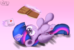 Size: 3885x2660 | Tagged: safe, artist:bronybehindthedoor, twilight sparkle, alicorn, pony, g4, book, coffee mug, cute, female, high res, looking at you, lying down, magic, mug, solo, telekinesis, twiabetes, twilight sparkle (alicorn)