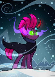 Size: 1240x1754 | Tagged: safe, artist:rambopvp, tempest shadow, pony, unicorn, g4, my little pony: the movie, broken horn, cape, clothes, colored horn, curved horn, dark magic, disembodied horn, eye scar, female, glowing eyes, her body has been possessed by sombra, horn, implied king sombra, magic, possessed, possession, scar, severed horn, snow, snowfall, solo, sombra eyes, sombra's horn, tempest with sombra's horn