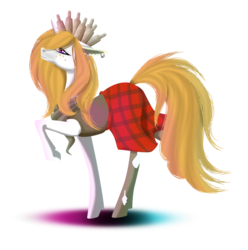 Size: 1024x1032 | Tagged: safe, artist:oneiria-fylakas, oc, oc only, oc:uisge-beatha, pony, unicorn, fallout equestria, bottle, bottlecap, clothes, ear piercing, earring, fallout, female, freckles, jewelry, mare, necklace, paperclip, piercing, plaid, plaid skirt, simple background, skirt, socks, solo, stockings, tank top, thigh highs, torn clothes, transparent background