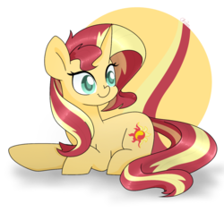 Size: 1222x1158 | Tagged: safe, artist:chautung, sunset shimmer, pony, unicorn, g4, cute, female, mare, prone, smiling, solo
