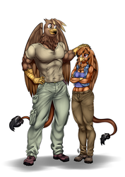 Size: 700x991 | Tagged: safe, artist:pia-sama, oc, oc only, oc:cliff, oc:maggie, griffon, anthro, plantigrade anthro, annoyed, anthro oc, boots, clothes, commission, female, head pat, male, muscles, pants, pat, shoes, simple background, size difference, smiling, white background