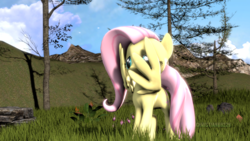 Size: 1920x1080 | Tagged: safe, artist:christian69229, fluttershy, pegasus, pony, g4, 3d, female, hiding, mare, rock, shy, solo, source filmmaker, tree, wing hands, wings