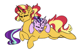 Size: 611x401 | Tagged: safe, artist:ficklepickle9421, starlight glimmer, sunset shimmer, pony, unicorn, series:sunlightsentry weekly, g4, cuddling, eyes closed, happy, magical lesbian spawn, offspring, parent:sunset shimmer, parent:twilight sparkle, parents:sunsetsparkle, pregnant