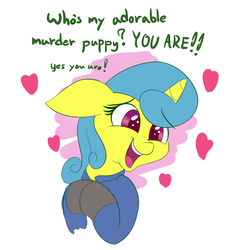 Size: 1000x1100 | Tagged: safe, artist:heir-of-rick, lemon hearts, pony, unicorn, g4, clothes, cute, dialogue, dogmeat, fallout, fallout 4, female, heart, jumpsuit, mare, smiling, solo, vault suit