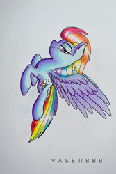 Size: 600x900 | Tagged: safe, artist:vaser888, rainbow dash, g4, ear fluff, female, flying, lidded eyes, looking at you, simple background, smiling, solo, traditional art, windswept mane