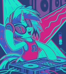 Size: 952x1065 | Tagged: safe, artist:sorcerushorserus, dj pon-3, vinyl scratch, pony, unicorn, g4, armpits, clothes, color palette challenge, digital painting, disc jockey, female, happy, headphones, limited palette, mare, mixer, needs more saturation, shirt, smiling, solo, standing, sunglasses, tank top, turntable