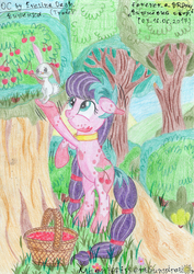Size: 2451x3462 | Tagged: safe, artist:magnifsunspiration, oc, oc only, oc:cherry, earth pony, pony, rabbit, basket, cherry, female, food, high res, mare, solo, traditional art