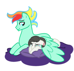 Size: 1088x1040 | Tagged: safe, artist:rainbows-skies, oc, oc only, oc:julie, earth pony, pegasus, pony, cloud, crying, eyes closed, female, floppy ears, hooves, hug, lying down, lying on a cloud, male, mare, on a cloud, pillow, prone, simple background, stallion, transparent background, winghug, wings