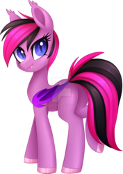 Size: 1024x1448 | Tagged: safe, artist:scarlet-spectrum, oc, oc only, bat pony, pony, fangs, female, looking back, obtrusive watermark, simple background, smiling, solo, transparent background, watermark