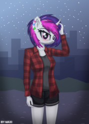 Size: 2042x2845 | Tagged: safe, artist:maxiclouds, oc, unicorn, anthro, blushing, city, clothes, female, high res, night, piercing, shirt, shorts, smiling, solo
