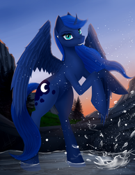 Size: 2344x3027 | Tagged: safe, artist:dezdark, princess luna, alicorn, pony, g4, cute, cute little fangs, fangs, female, high res, looking at you, mare, rearing, solo, splash, tree, water