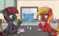 Size: 3278x2000 | Tagged: safe, artist:maxiclouds, oc, pegasus, pony, cup, duo, female, food, high res, hooves, kitchen, magic, male, muffin, sitting, smiling, soda, stallion, talking, tea party, teacup, window