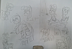 Size: 2266x1524 | Tagged: safe, artist:moonatik, maud pie, pinkie pie, g4, book, clothes, helmet, kite, kite flying, music, pickelhaube, radio, reading, sketch, sketch dump, smiling, stahlhelm, traditional art, when she smiles