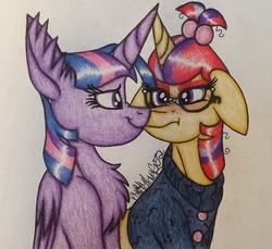 Size: 1708x1565 | Tagged: safe, artist:raritylover152, moondancer, twilight sparkle, alicorn, pony, unicorn, g4, blushing, boop, chest fluff, duo, ear fluff, female, floppy ears, lesbian, looking at each other, noseboop, ship:twidancer, shipping, sternocleidomastoid, traditional art, tsundancer, tsundere, twilight sparkle (alicorn)