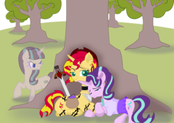Size: 3467x2444 | Tagged: safe, artist:sparkleshadow, starlight glimmer, sunset shimmer, pony, unicorn, g4, alternate hairstyle, alternate universe, angry, book, choker, clothes, cowboy hat, cuddling, duality, ear piercing, earring, female, goth, hat, high res, horn, horn piercing, horn ring, jewelry, lesbian, mare, necktie, nose piercing, nose ring, piercing, saddle bag, ship:shimmerglimmer, shipping, shirt, skirt, spiked choker, sword, tattoo, transparent, weapon