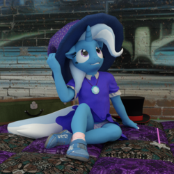 Size: 1500x1500 | Tagged: safe, artist:tahublade7, trixie, anthro, plantigrade anthro, g4, 3d, clothes, cute, daz studio, diatrixes, dress, female, filly, filly trixie, hat, looking up, panties, pony underwear, purple underwear, shoes, skirt, skirt lift, socks, solo, top hat, trixie's hat, underwear, upskirt, wand, younger