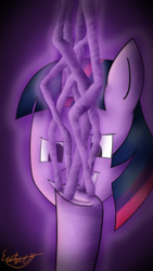 Size: 578x1028 | Tagged: safe, artist:exxticcy, twilight sparkle, g4, bad, bust, colored, dark, evil, excited, female, fingers, glowing, gradient background, mare, open mouth, signature, signed, simple, smiling, solo