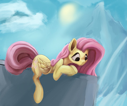 Size: 4194x3500 | Tagged: safe, artist:mrabrickwall, fluttershy, pegasus, pony, g4, female, folded wings, looking at something, looking down, mare, no pupils, prone, solo, wings