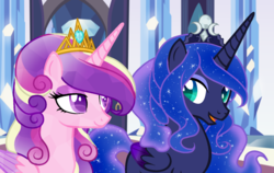 Size: 1024x646 | Tagged: safe, artist:kimyowolf, princess cadance, princess luna, alicorn, crystal alicorn, crystal pony, pony, g4, base used, colored wings, colored wingtips, crown, crystal castle, crystallized, duo, eye contact, female, indoors, jewelry, lidded eyes, looking at each other, mare, open mouth, regalia, slender, smiling, thin