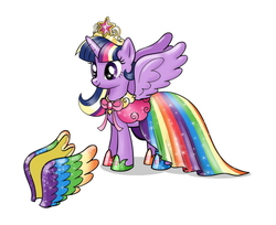 Size: 700x570 | Tagged: safe, artist:naokomullally, twilight sparkle, alicorn, pony, g4, big crown thingy, clothes, colored wings, concept art, crown, dress, female, jewelry, multicolored wings, rainbow wings, regalia, shoes, simple background, solo, toy design, twilight sparkle (alicorn), white background