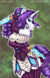 Size: 866x1339 | Tagged: dead source, safe, artist:bumblebun, part of a set, rarity, unicorn, anthro, g4, abstract background, clothes, dagger, digital art, evening gloves, fantasy class, featured image, female, gloves, horn, knife, lidded eyes, long gloves, looking at you, mare, pose, rogue, sexy, smiling, socks, solo, thigh highs, weapon, zettai ryouiki